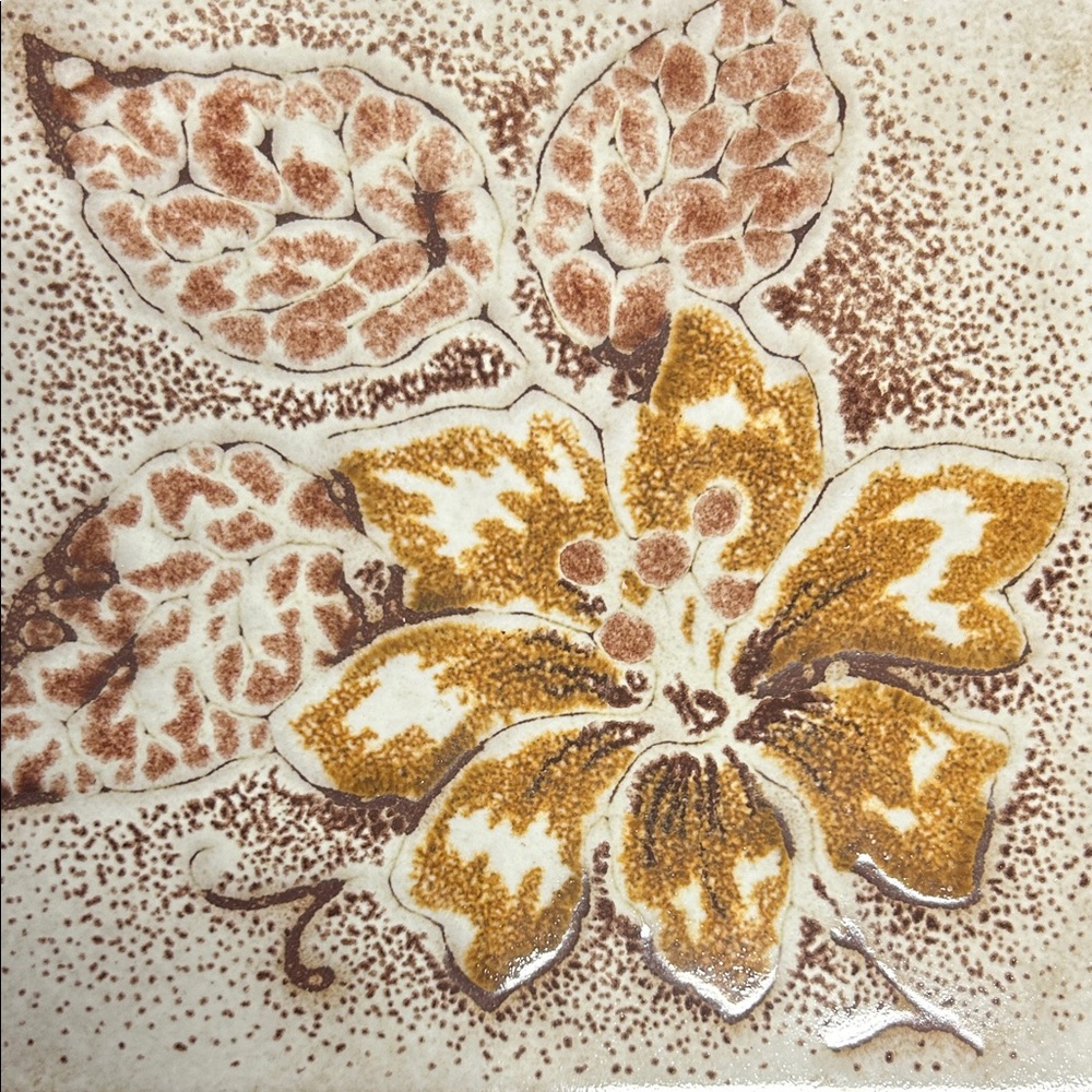 Vtg 80s Piemme Made in Italy Trivet Tile Wood Frame Brown Cream Floral Decor 8" - Picture 2 of 6